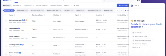 Lofty CRM dashboard showing leads with re-suscite scores, pipeline stages, agent assignments, and the built-in Lofty AI assistant side panel
