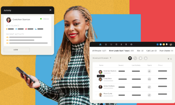 Follow Up Boss CRM dashboard showing contact activity panel, leads list with agent assignments, and inbound-lead pipeline view