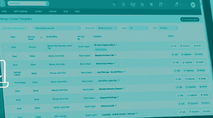Sierra Interactive contact templates manager showing multi-channel drip templates, action-plan triggers, and marketing automation rows