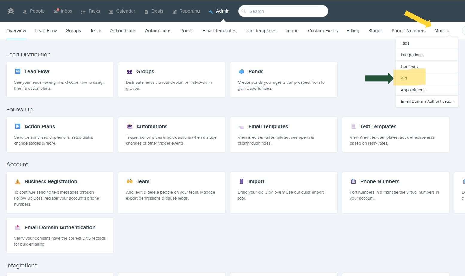 Follow Up Boss Admin panel showing where to find the API option