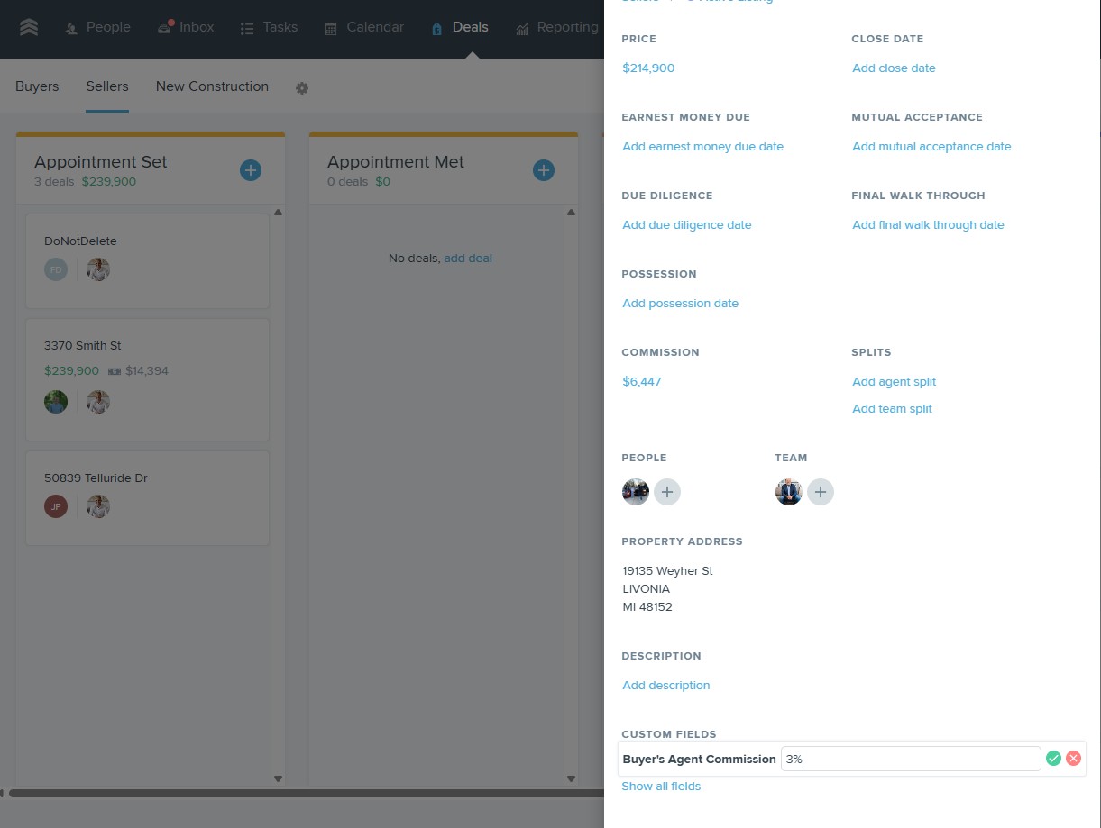 FUB Custom Fields section with Buyer's Agent Commission