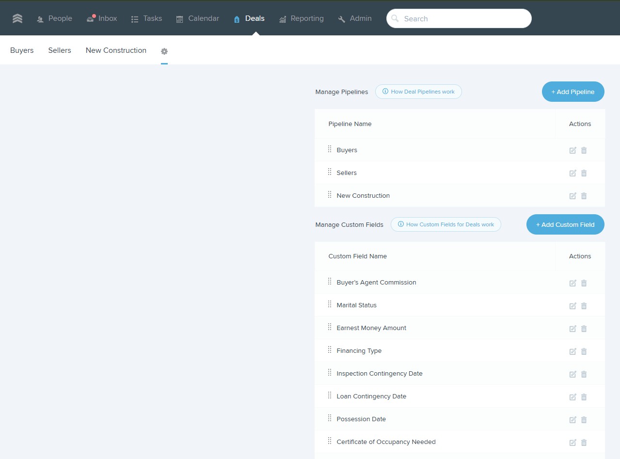 FUB Deals settings page showing Manage Custom Fields section