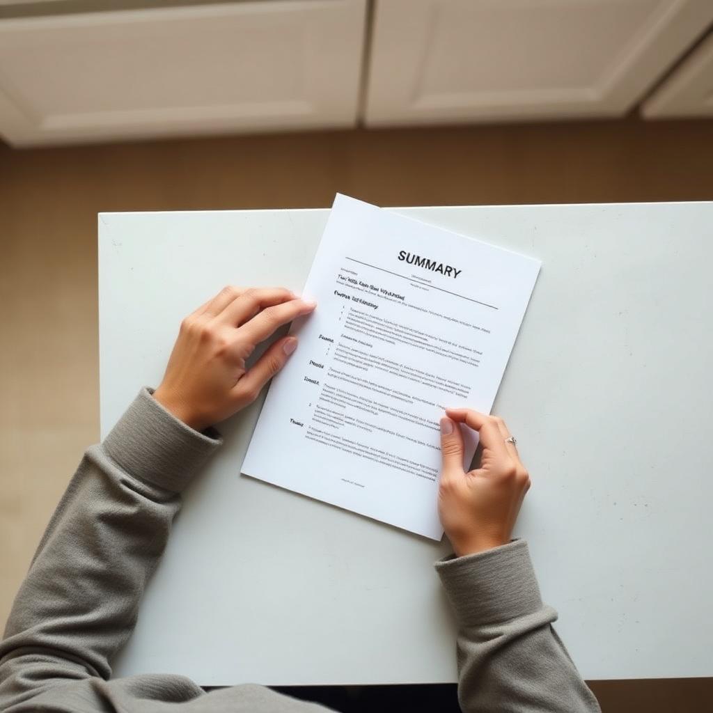 Seller reviewing a clean one-page offer summary at a kitchen counter