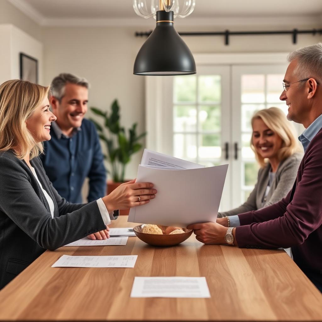 Listing agent presenting offer documents to sellers at a dining table
