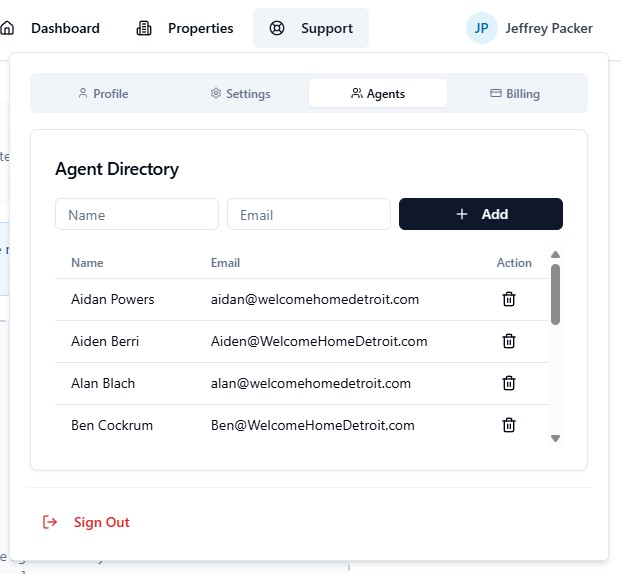 Agents tab showing the agent directory