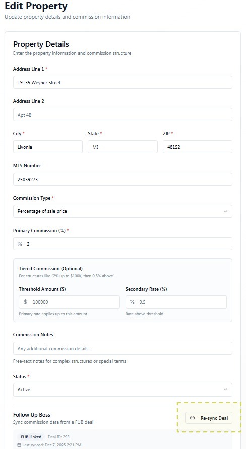 Property edit page showing the Follow Up Boss section