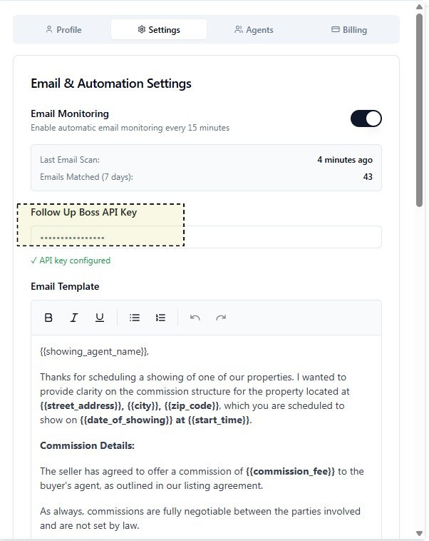 ShowSmartly Settings tab with the Follow Up Boss API key field
