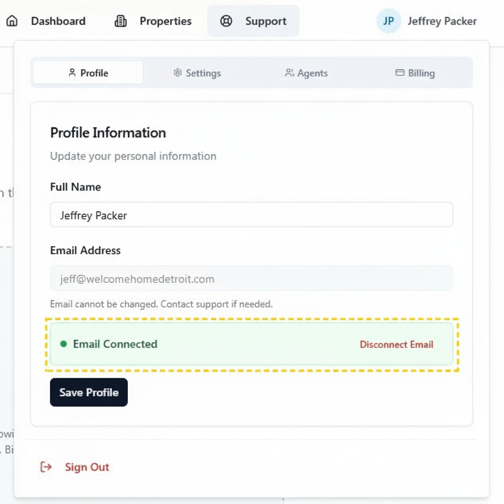 Profile tab email connection status