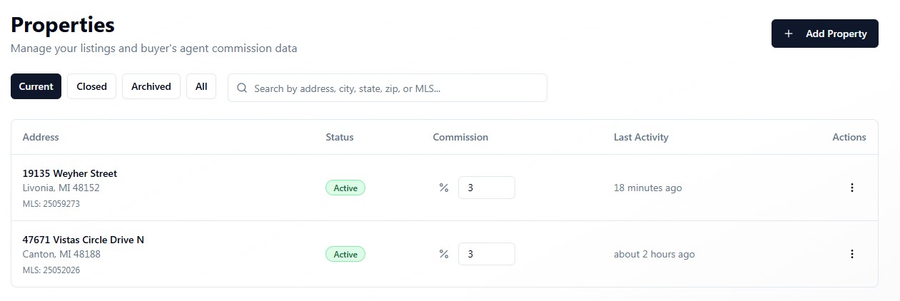 ShowSmartly Properties page showing commission column