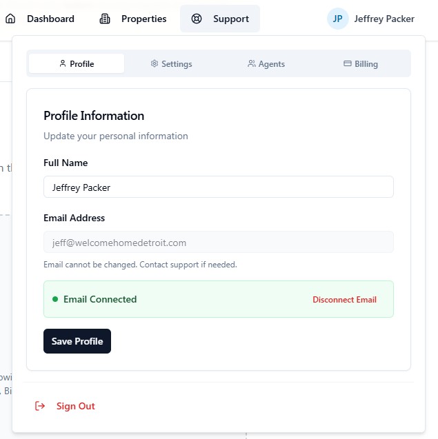 User dropdown with four tabs